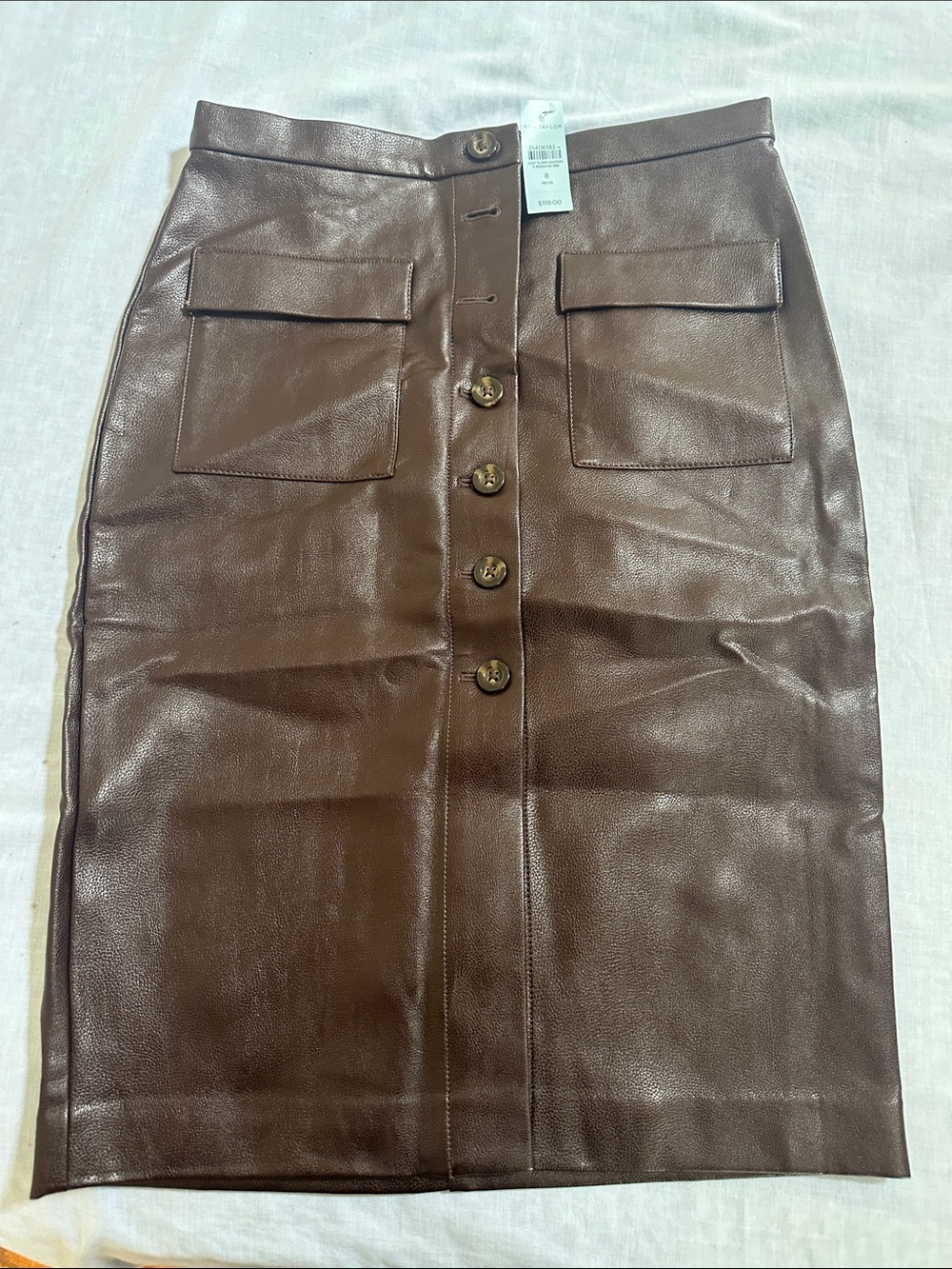 Ann Taylor Chocolate Brown Faux Leather Button-Front Pencil Skirt
